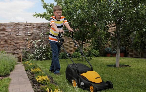 Young teen mowing the grass.