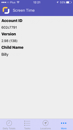 More page with Account ID, version number & child's name
